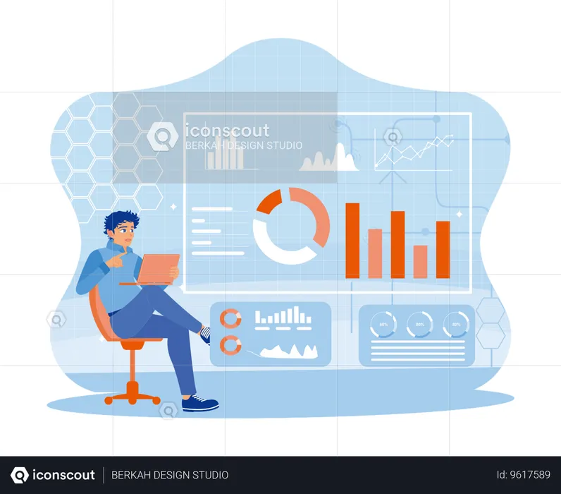 Young businessman using laptop to analyze financial charts and plan business marketing  Illustration