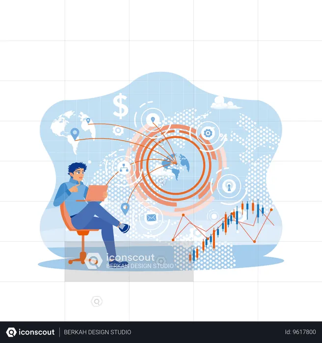 Young businessman using stock market interface financial charts on his laptop  Illustration