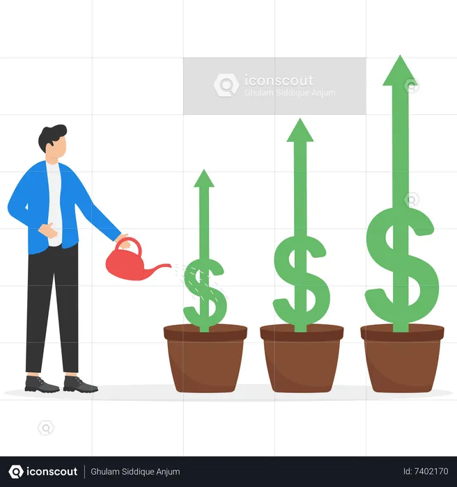 Young Businessman Watering For Growing Business  Illustration
