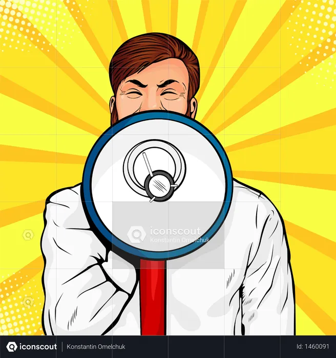 Young businessman with open mouth and megaphone screaming announcement  Illustration