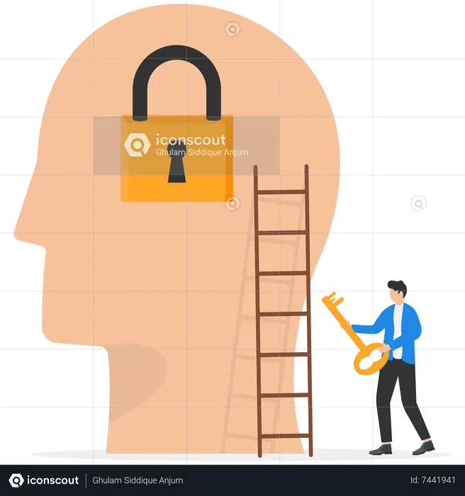 Young businessmen hand holding secret key to unlock ideas on the human head  Illustration