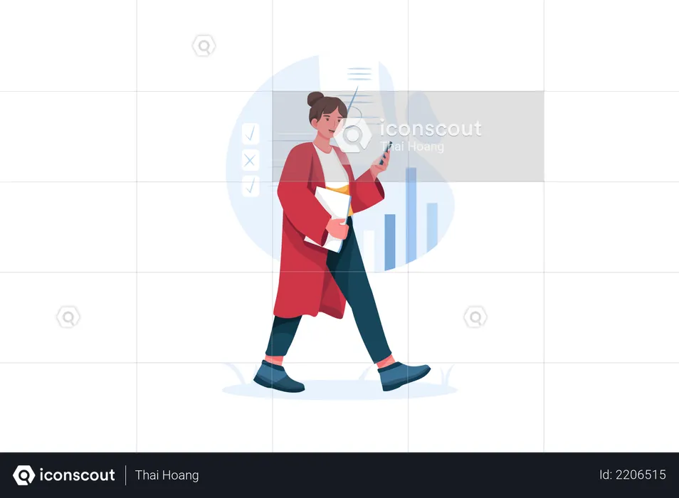 Young businesswoman going to work thinking about business diagram and graphs  Illustration
