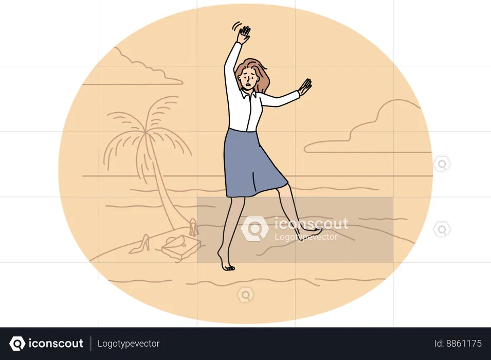 Young businesswoman lost on island ask for help  Illustration