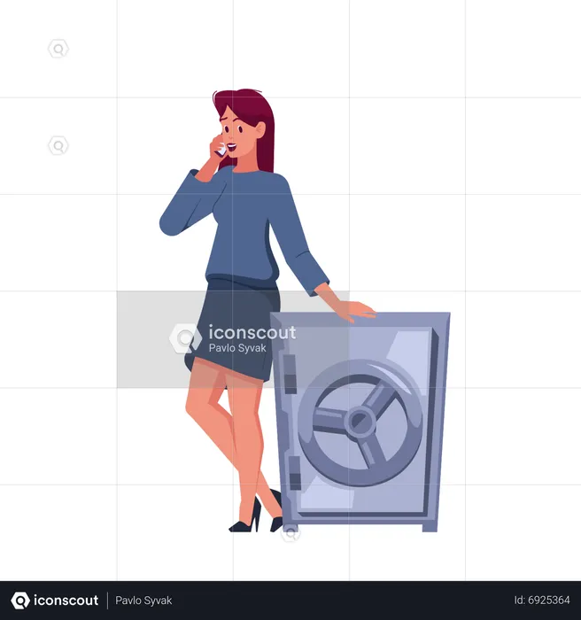 Young Businesswoman Talk On Mobile Phone Standing Near Safe  Illustration