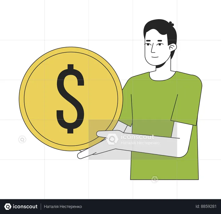 Young caucasian man holding golden coin  Illustration