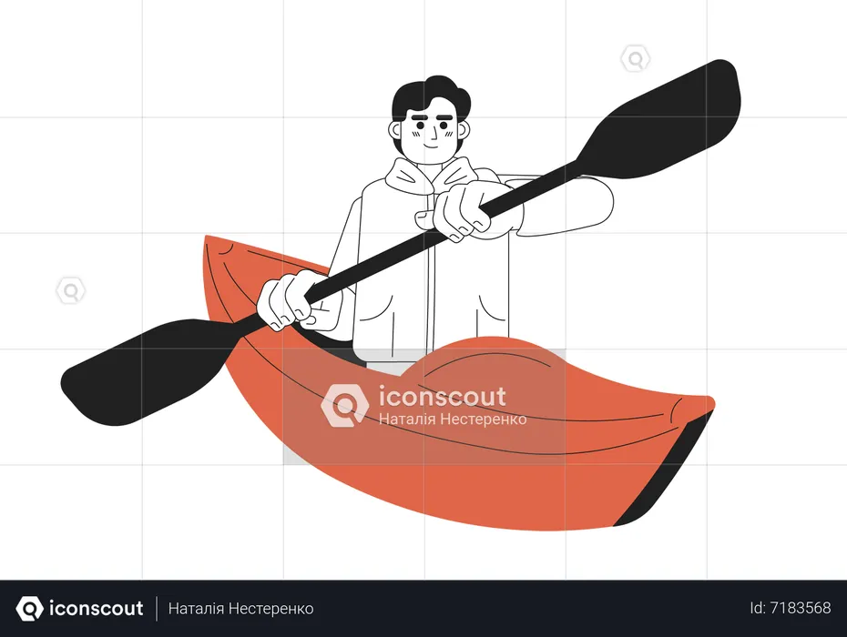 Young caucasian man paddling kayak  Illustration