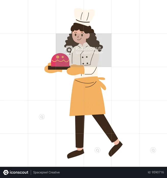 Young chef baking cake on tray  Illustration