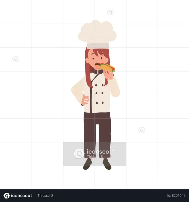 Young Chef Enjoying Tasty Hot Dog  Illustration