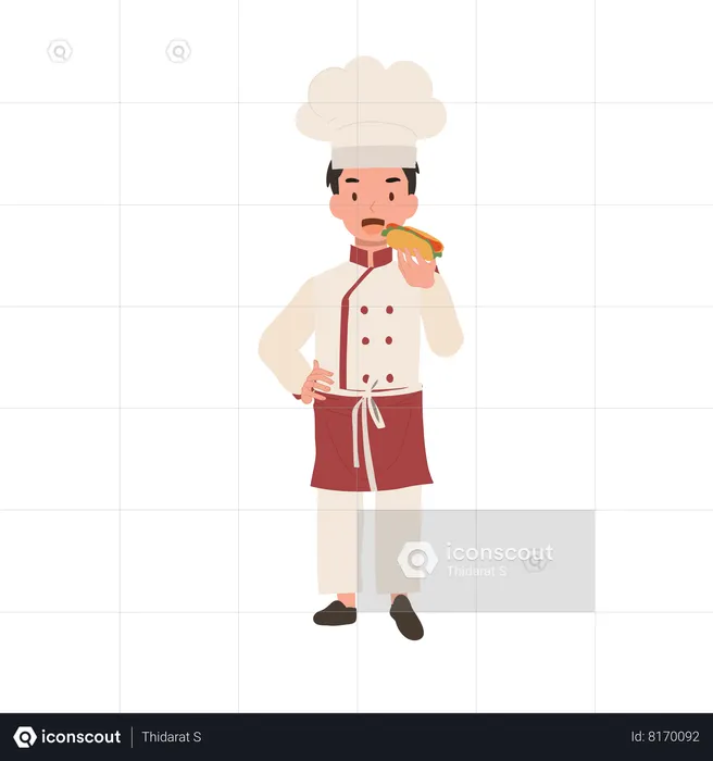 Young chef enjoying tasty hot dog  Illustration