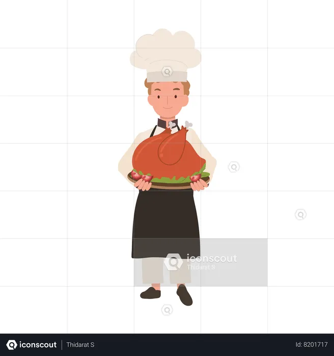 Young Chef in Chef Hat and Apron is Serving Whole Roasted Turkey  Illustration