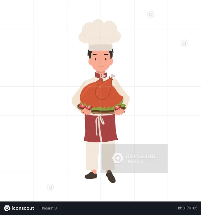 Young chef in chef hat and apron is serving whole roasted turkey  Illustration