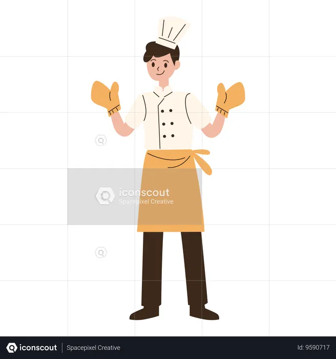 Young chef standing wearing heat resistant gloves  Illustration