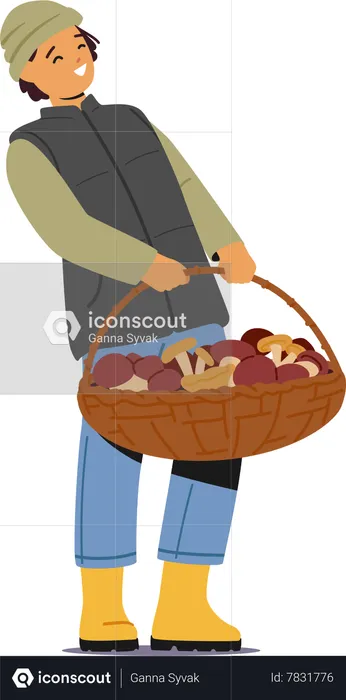 Young Child holding Mushroom Basket  Illustration