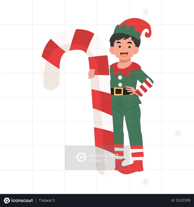 Young christmas elf boy with candy cane  Illustration