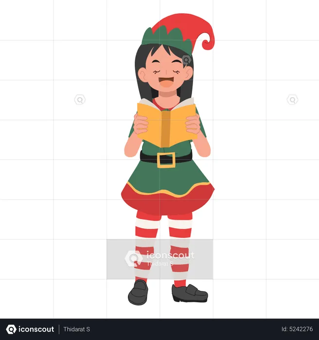 Young christmas elf girl is singing song  Illustration