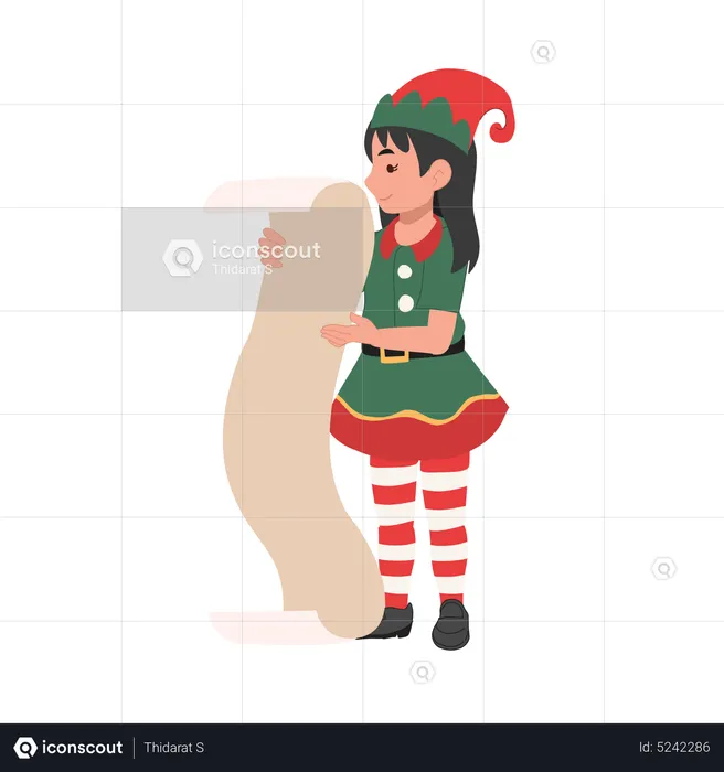 Young christmas elf girl with list of gifts  Illustration