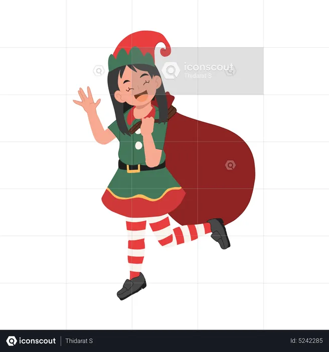 Young christmas elf girl with santa gift sack  Illustration