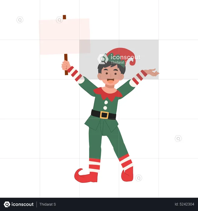 Young christmas elf kid is showing signboard  Illustration