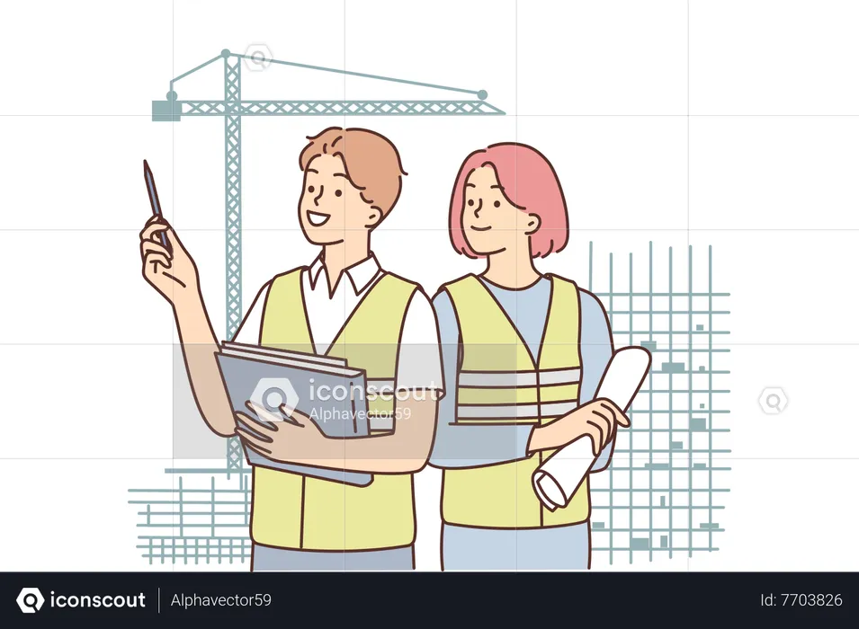 Young civil engineers talking about construction  Illustration