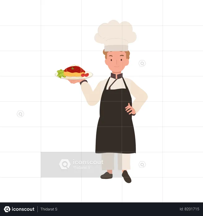 Young Cook in Chef Hat Prepares Delicious Spaghetti  Illustration