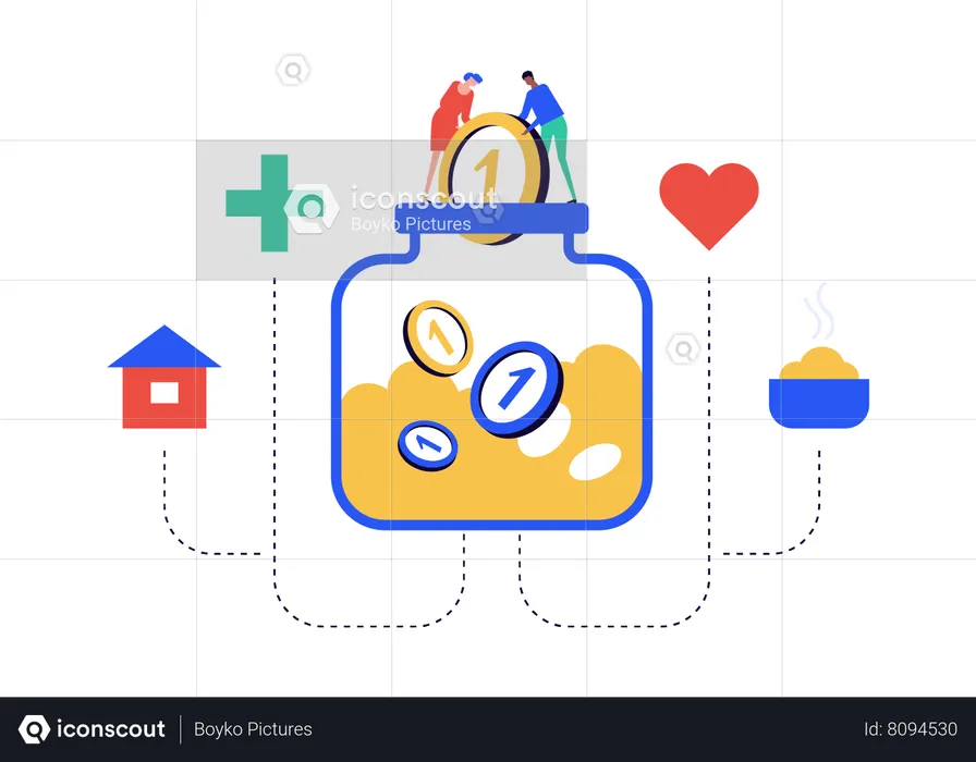 Young couple adding coins into jar and doing budget planning  Illustration