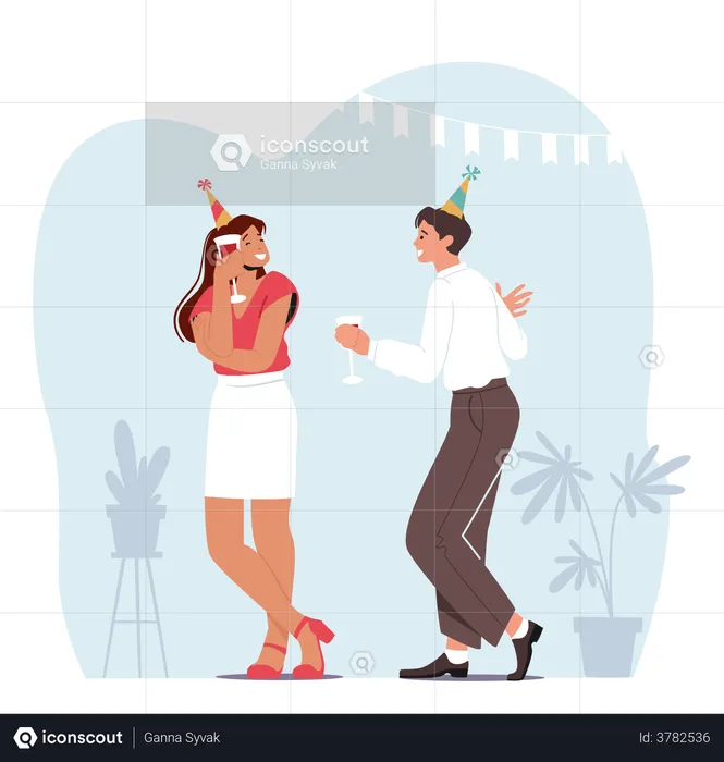Young Couple Celebrating Party or Communicating on Home Party  Illustration