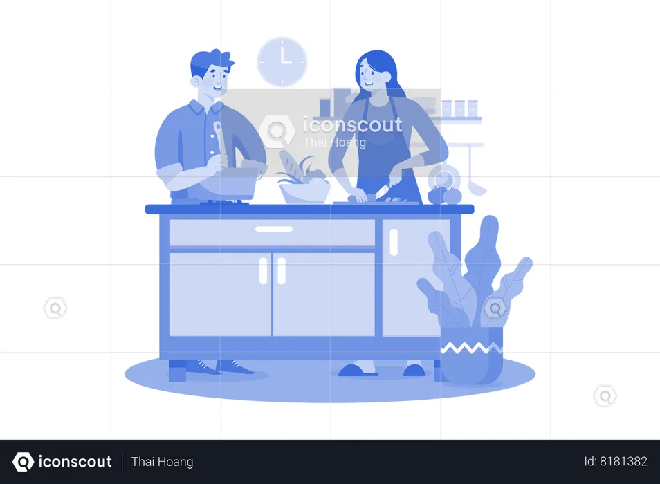 Young couple cooking dinner together at home  Illustration