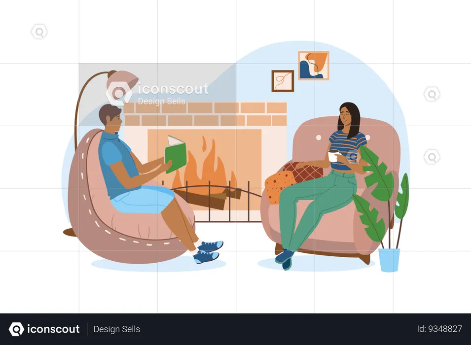 Young couple decided to relax and spend time together by the fireplace  Illustration