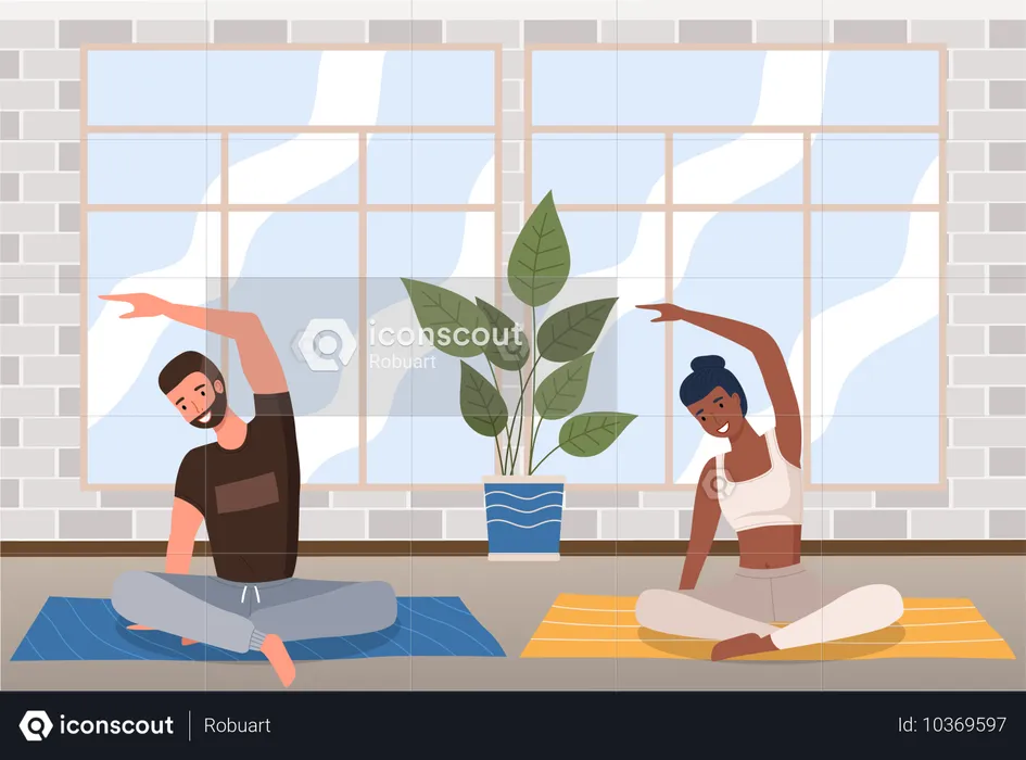 Young couple doing yoga at Home  Illustration