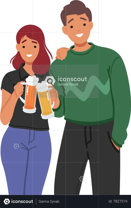 Young Couple Drinking Beer Together  Illustration