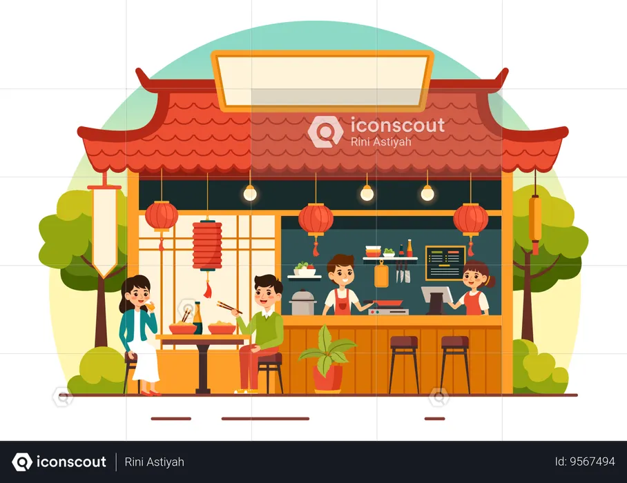 Young couple eating Vietnamese food at restaurant  Illustration