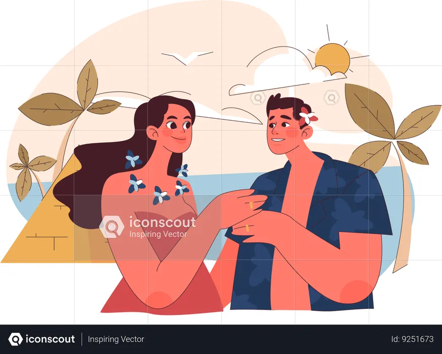 Young couple enjoying honeymoon at beach  Illustration