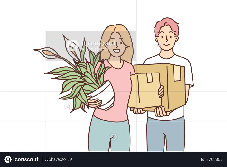 Young couple holding plant and cargo box  Illustration