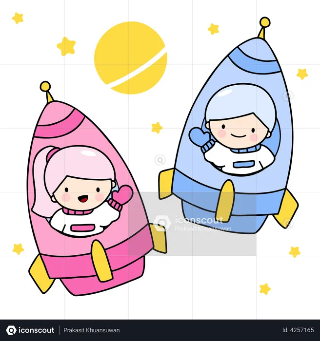 Young Couple In Rocket  Illustration