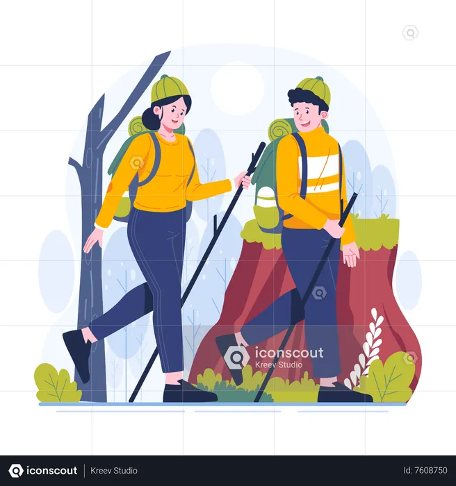Young couple is climbing a mountain together  Illustration