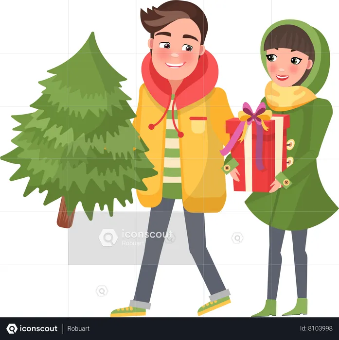 Young couple is going to decorate xmas tree  Illustration