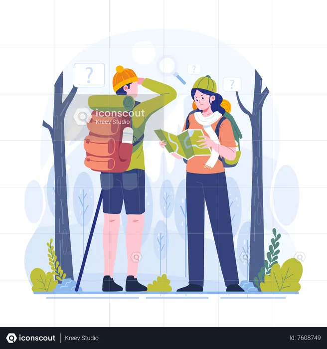 Young couple is reading a map while hiking a mountain  Illustration