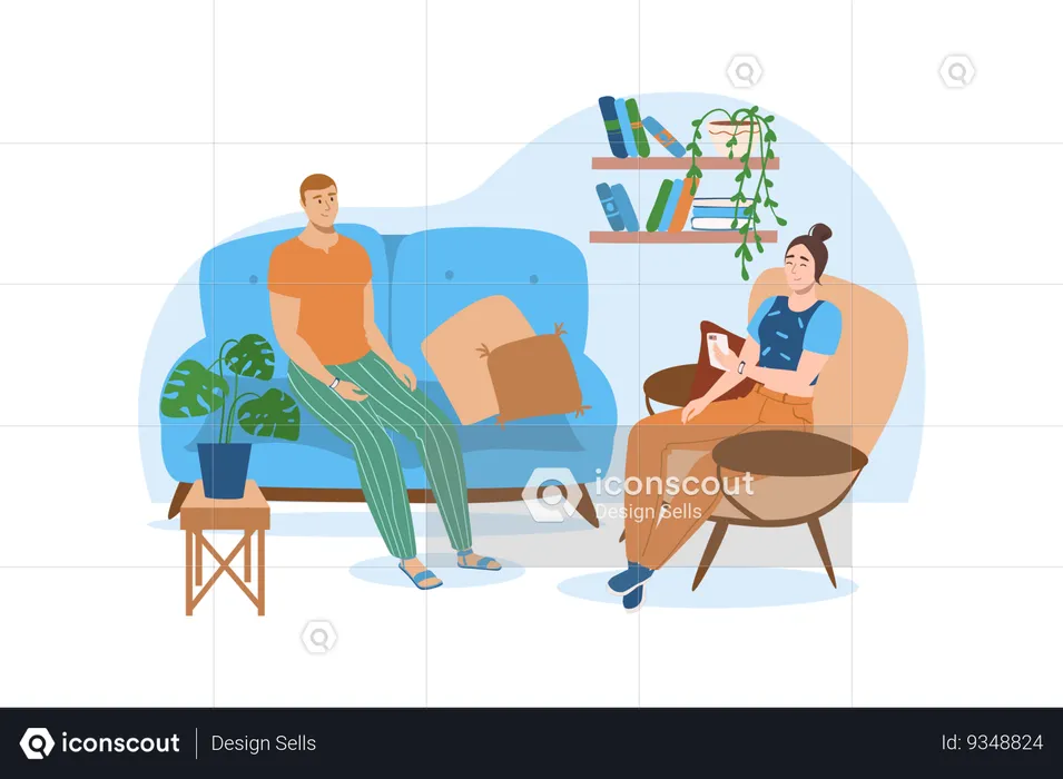 Young couple is relaxing in a cozy in a living room  Illustration