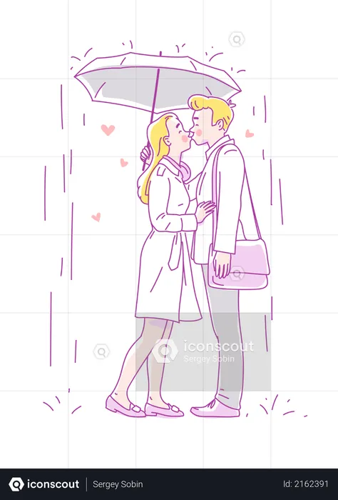 Young couple kissing in the rain under an umbrella  Illustration