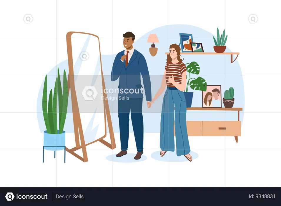 Young couple look at themselves in the mirror before going out  Illustration