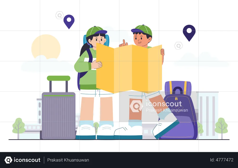 Young couple looking map  Illustration