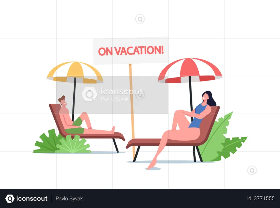 Young couple Lounging on Chaise Lounge under Sun Rays Relaxing on Sea Beach at Summer Time  Illustration