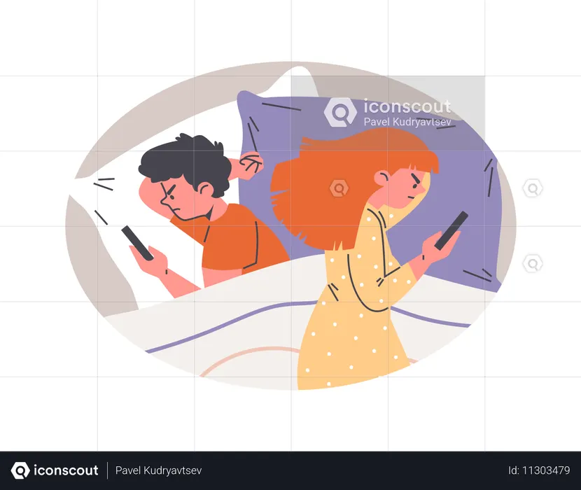 Young couple lying apart in the bed using smartphones  Illustration