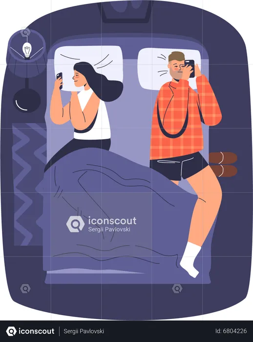Young couple lying in bed with smartphone  Illustration