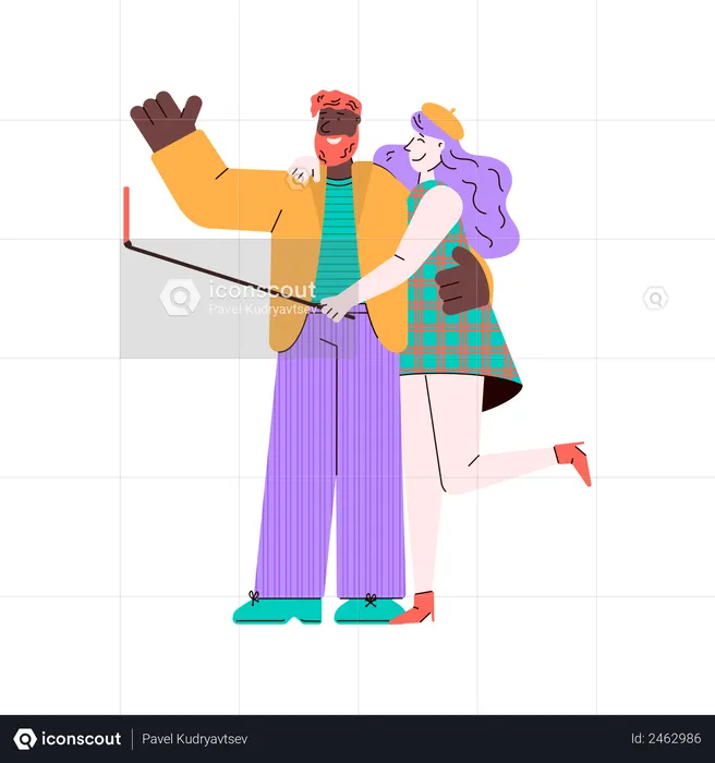 Young couple, man and woman characters doing selfie photo using stick device for mobile phone  Illustration
