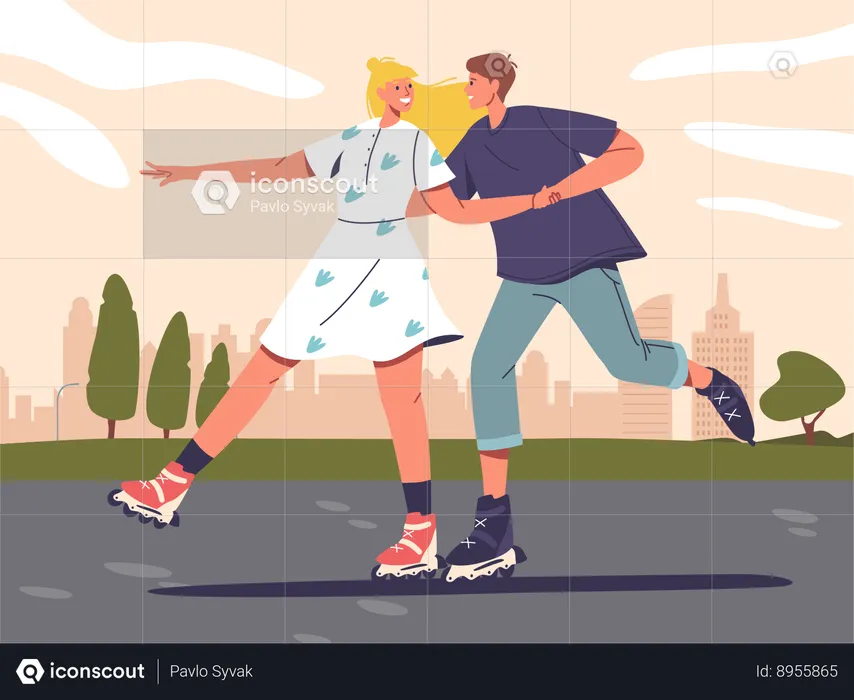 Young Couple On Roller Skates Glide Effortlessly and Maintain Balance  Illustration