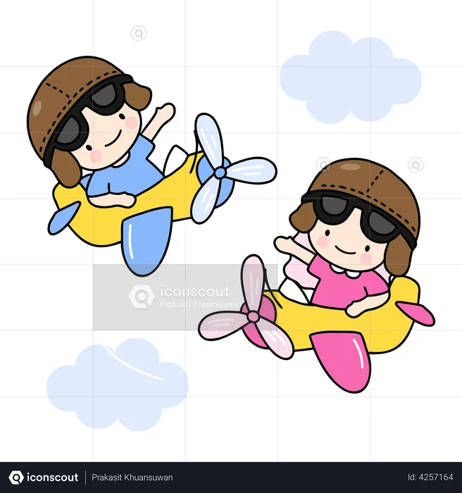 Young Couple Riding Aeroplane  Illustration