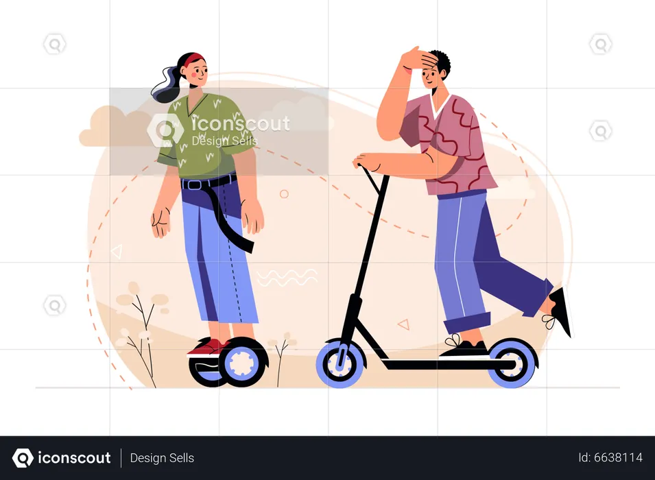 Young couple riding on electric scooter  Illustration