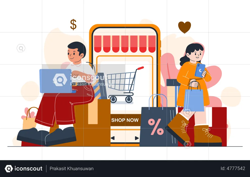 Young couple shopping online with application on mobile  Illustration