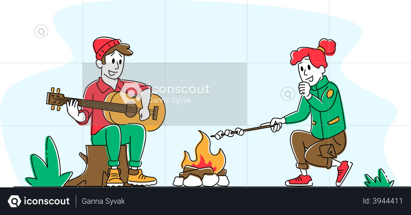 Young Couple Singing Song and  Frying Marshmallow on Camping  Illustration